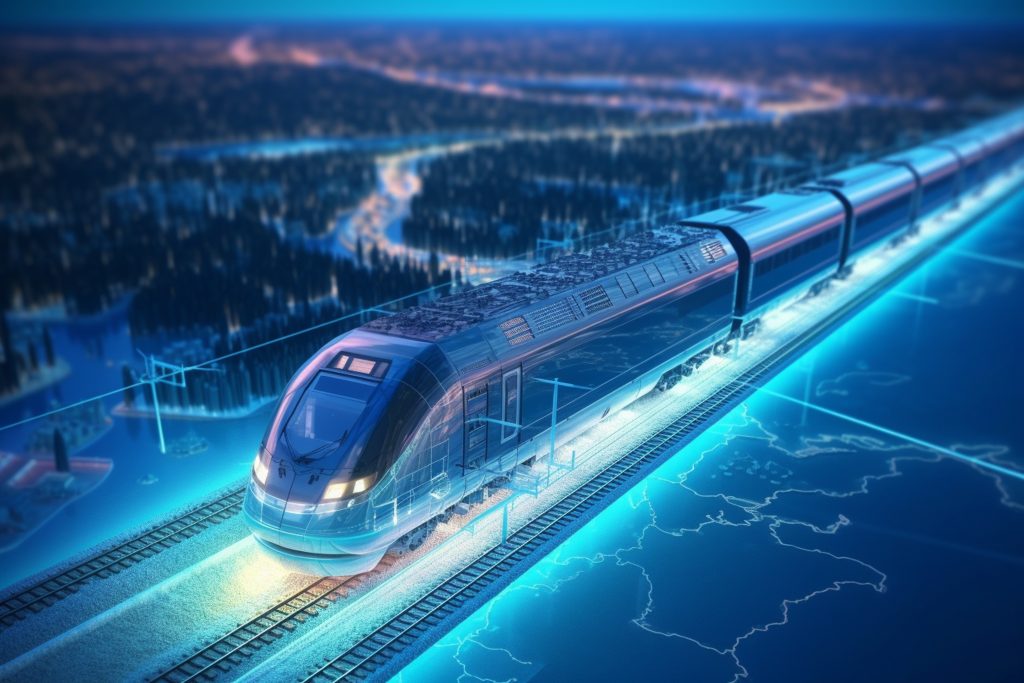 High speed train on the background of the city at night. 3d rendering
